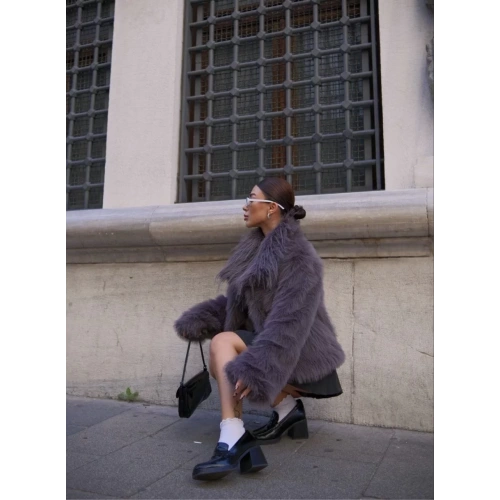 Salaş Sakallı Yumuşak Dokulu Yakalı Cepli Suni Kürk - füme