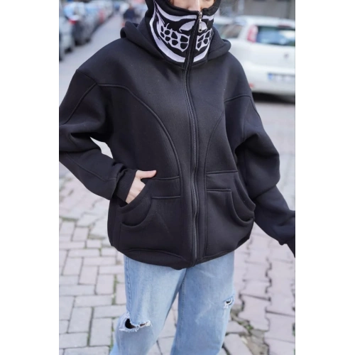 Samuray Kapşonlu ZIP Fermuarlı Çift Kapşonlu Nakışlı SweatShirt- Siyah