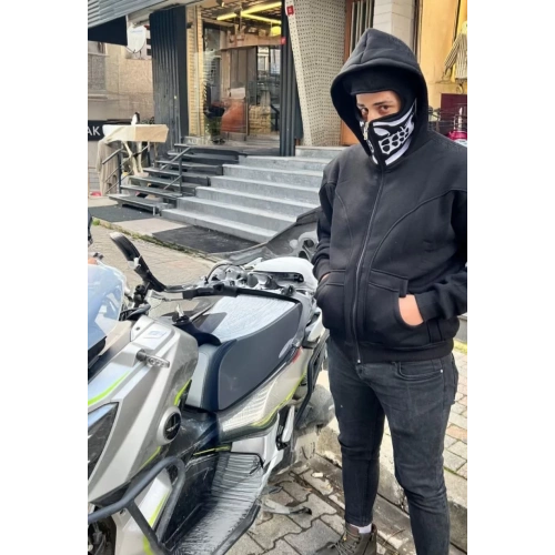 Samuray Kapşonlu ZIP Fermuarlı Çift Kapşonlu Nakışlı SweatShirt- Siyah