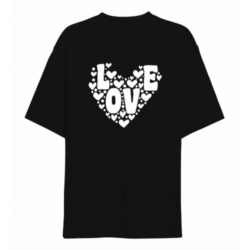 Sevgililer Günü İçin Özel Tasarım Love Kalp Baskılı T-shirt - Siyah
