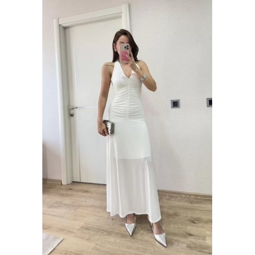 Sırt dekolteli Uzun Elbise - Beyaz