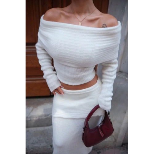 Straplez , Madonna , Carmen Yaka Croplu Uzun Etekli ikili Takım Triko - Beyaz