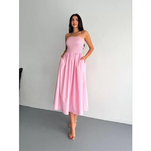Straplez Pileli Elbise - Pembe