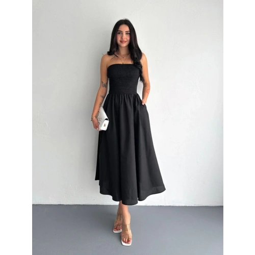 Straplez Pileli Elbise - Siyah