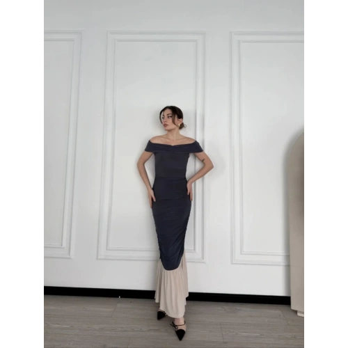 Striptiz Omuzlu Uzun Elbise- Füme