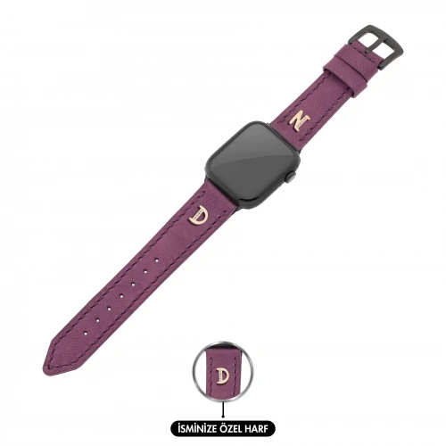 İsme Özel El Dikişli Apple Watch Saat Kordonu - %100 Çift Kat Deri - AG03001 - Mor