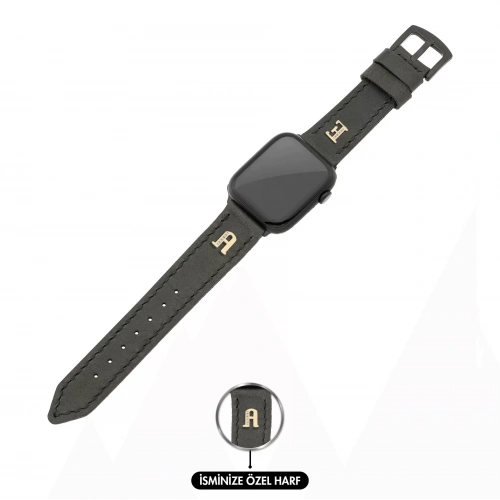 İsme Özel El Dikişli Apple Watch Saat Kordonu - %100 Çift Kat Deri - AG03001 - Antrasit