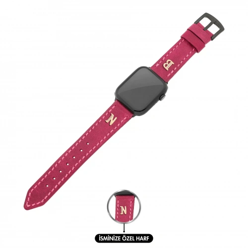 İsme Özel El Dikişli Apple Watch Saat Kordonu - %100 Çift Kat Deri - AG03001 - Fuşya