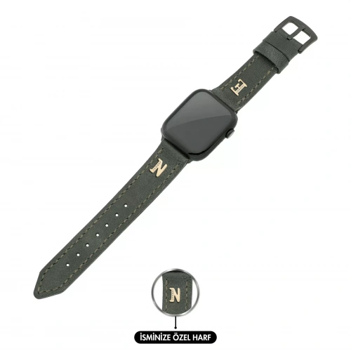İsme Özel El Dikişli Apple Watch Saat Kordonu - %100 Çift Kat Deri - AG03001 - Haki