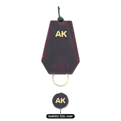 İsme Özel İpli Anahtarlık - % 100 Crazy Deri - AG01002 - Bordo