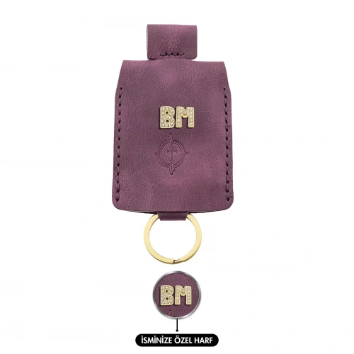 İsme Özel Çıtçıtlı Anahtarlık - % 100 Rainbow Deri - AG01001 - Mor