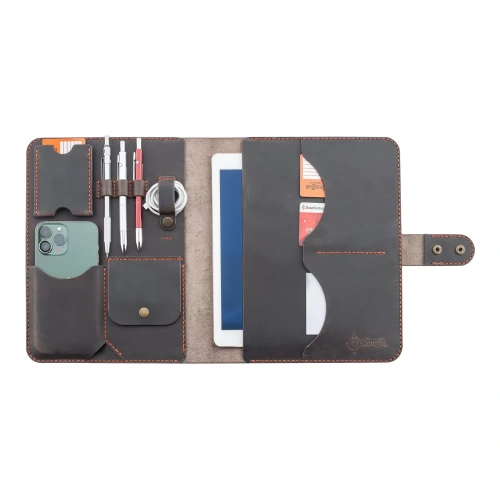 İsme Özel Çıtçıtlı Fonksiyonlu iPad Organizer - 10,9 (İnç) - %100 Crazy Deri - ET01004 - Kahverengi