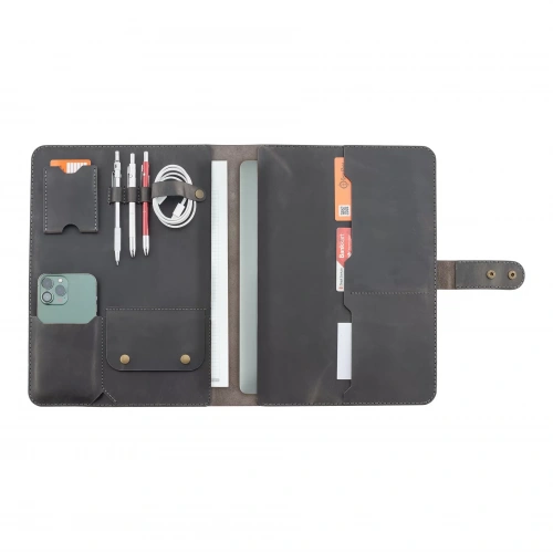 İsme Özel Çıtçıtlı Fonksiyonlu Macbook Organizer - %100 Crazy Deri - 11 (11 İnç) - ET02004 - Antrasit