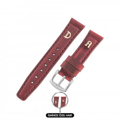 İsme Özel El Dikişli Saat Kordonu - %100 Crazy Deri - AG03002 - Kırmızı