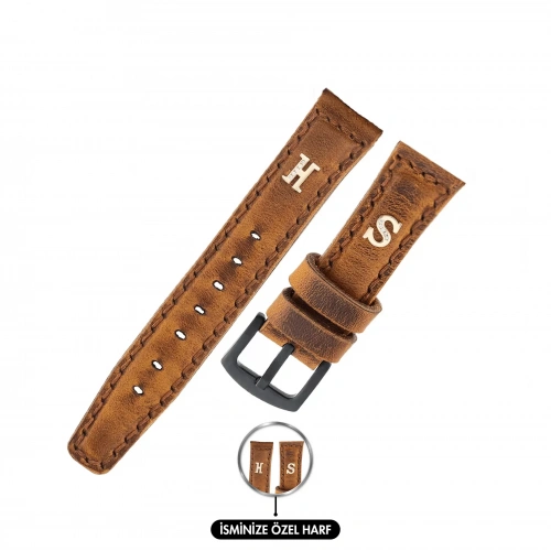 İsme Özel El Dikişli Saat Kordonu - %100 Crazy Deri - AG03002 - Taba