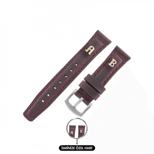 İsme Özel El Dikişli Saat Kordonu - %100 Crazy Deri - AG03002 - Bordo