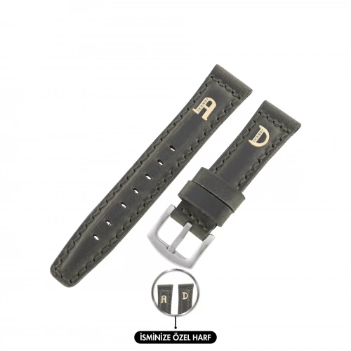 İsme Özel El Dikişli Saat Kordonu - %100 Crazy Deri - AG03002 - Yeşil