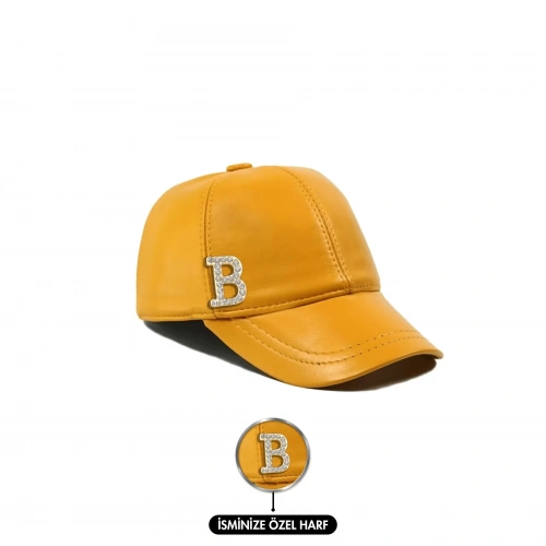 İsme Özel Kep Şapka - %100 Deri - AB01012 - Sarı