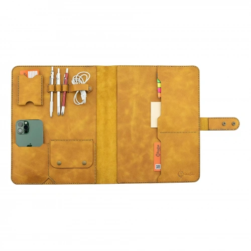 İsme Özel Çıtçıtlı Fonksiyonlu iPad Organizer - %100 Rainbow Deri - ET01002 - Hardal Sarısı