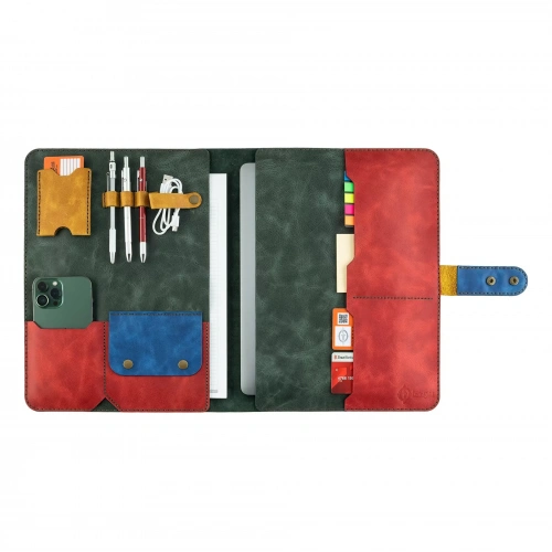 İsme Özel Çıtçıtlı Fonksiyonlu Macbook Organizer - %100 Rainbow Deri - ET02001 - Yeşil - Kırmızı