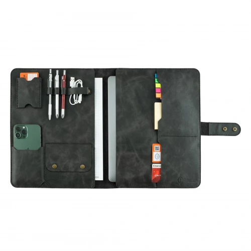 İsme Özel Çıtçıtlı Fonksiyonlu Macbook Organizer - %100 Rainbow Deri - ET02001 - Antrasit