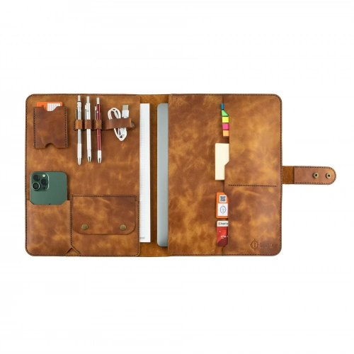 İsme Özel Çıtçıtlı Fonksiyonlu Macbook Organizer - %100 Rainbow Deri - ET02001 - Camel