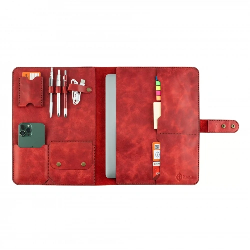 İsme Özel Çıtçıtlı Fonksiyonlu Macbook Organizer - %100 Rainbow Deri - ET02001 - Kırmızı