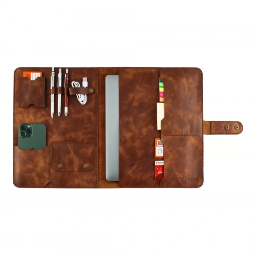 İsme Özel Çıtçıtlı Fonksiyonlu Macbook Organizer - %100 Rainbow Deri - ET02001 - Kahverengi