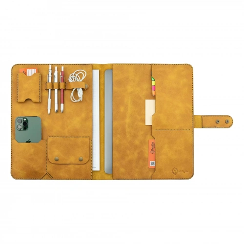 İsme Özel Çıtçıtlı Fonksiyonlu Macbook Organizer - %100 Rainbow Deri - ET02001 - Hardal Sarısı