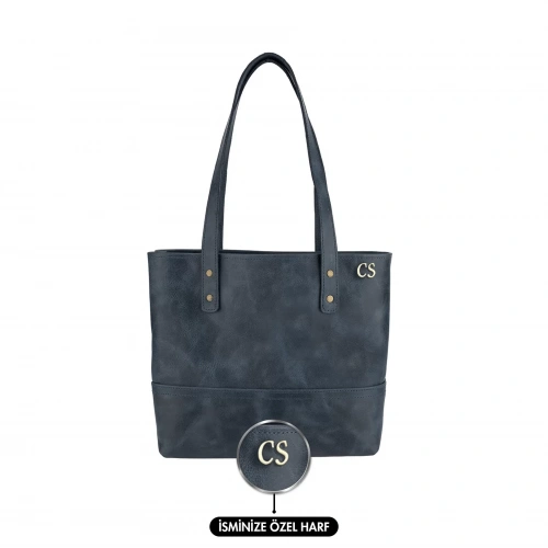 İsme Özel Tote Bag El Omuz Çantası - %100 Rainbow Deri - AC03003 - Lacivert