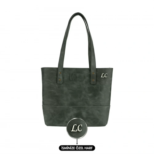 İsme Özel Tote Bag El Omuz Çantası - %100 Rainbow Deri - AC03003 - Haki
