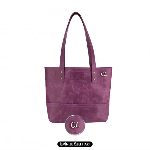 İsme Özel Tote Bag El Omuz Çantası - %100 Rainbow Deri - AC03003 - Mor
