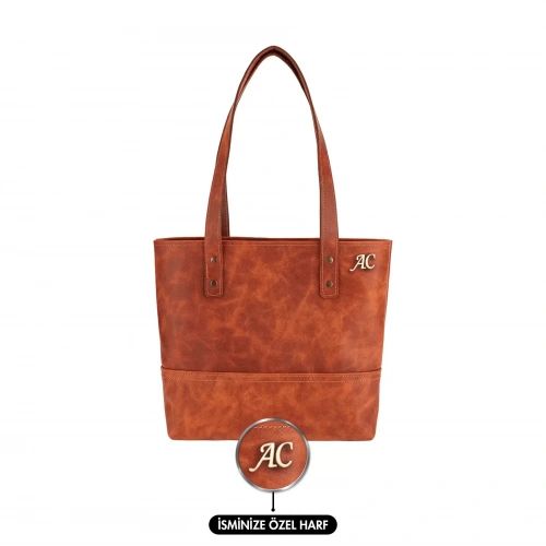İsme Özel Tote Bag El Omuz Çantası - %100 Rainbow Deri - AC03003 - Tobacco