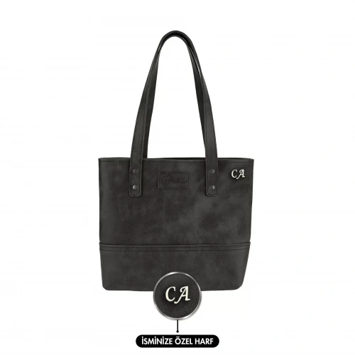 İsme Özel Tote Bag El Omuz Çantası - %100 Rainbow Deri - AC03003 - Antrasit