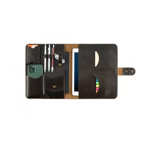 İsme Özel Çıtçıtlı Fonksiyonlu iPad Organizer - %100 Tiesto Deri - ET01003 - Koyu Kahverengi
