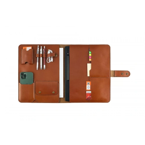İsme Özel Çıtçıtlı Fonksiyonlu Macbook Organizer - %100 Tiesto Deri - ET02003 - Tobacco