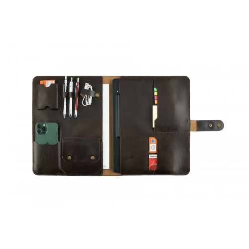 İsme Özel Çıtçıtlı Fonksiyonlu Macbook Organizer - %100 Tiesto Deri - ET02003 - Koyu Kahverengi