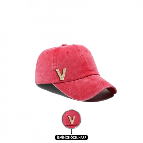 İsme Özel Yıkamalı Kep Şapka - AB01010 - Kırmızı