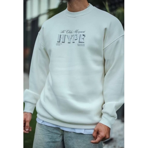 Üç İplik Bisiklet Yaka Baskılı SweatShirt - Beyaz