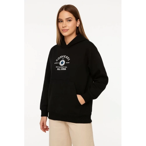 Kadın Kapşonlu Sweatshirt – Üç İplik Şardonlu Kumaş, Oversize Fit, Ön & Arka Baskılı, Kanguru Cepli, Kışlık Rahat Hoodie- Siyah