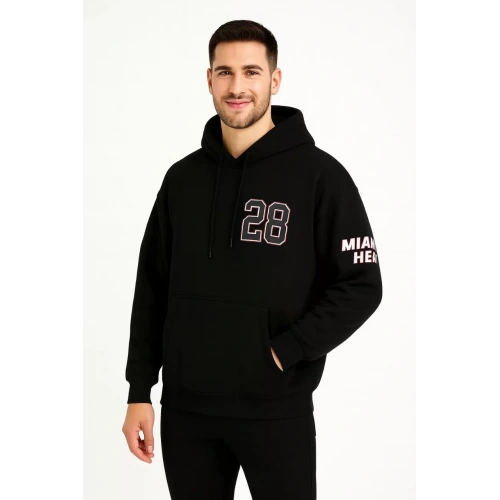 Erkek Kapşonlu Sweatshirt – Üç İplik Şardonlu Kumaş, Oversize Fit, Ön & Arka Baskılı, Kanguru Cepli, Kışlık Rahat Hoodie - Siyah