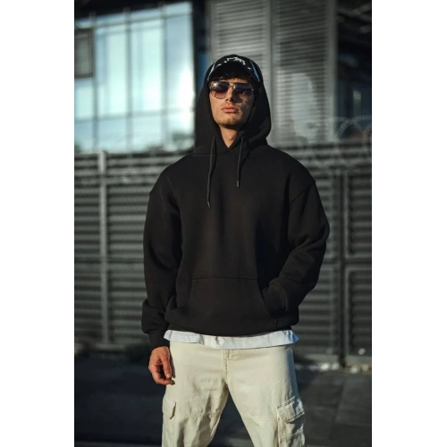 Üç İplik Penye Kapşonlu Basic SweatShirt - Siyah