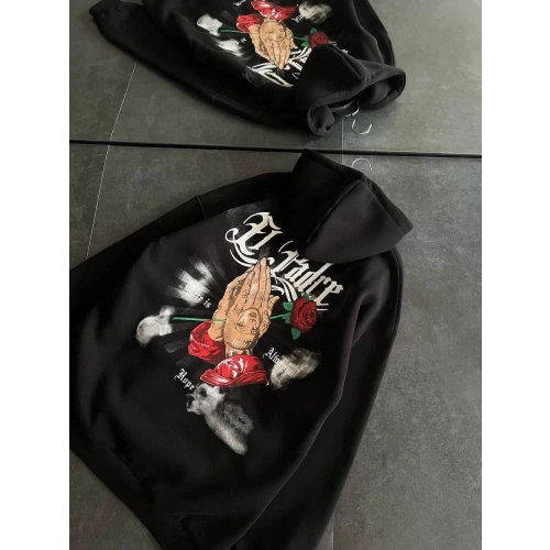 Üç İplik Penye Uzun Kol Kapşonlu Baskılı SweatShirt - Siyah