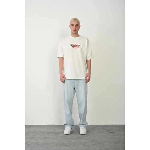 Unisex Baskılı Bisiklet Yaka Oversize T-Shirt - Beyaz