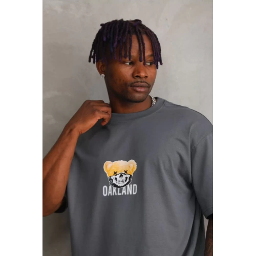 Unisex Baskılı Oversize T-Shirt - Füme