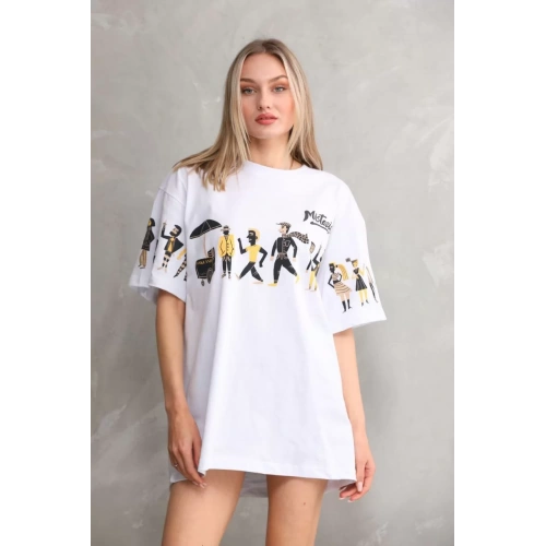 Unisex Bisiklet Yaka Baskılı Oversize T-Shirt - Beyaz