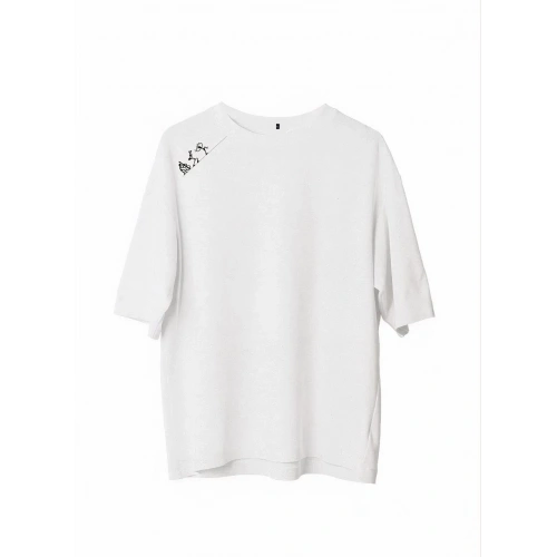 Unisex Bisiklet Yaka Baskılı Oversize T-Shirt - Beyaz