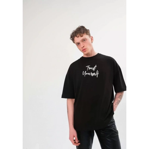 Unisex Bisiklet Yaka Baskılı Oversize T-Shirt - Siyah