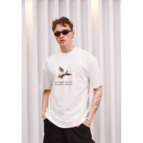 Unisex Bisiklet Yaka Baskılı Oversize T-Shirt - Siyah