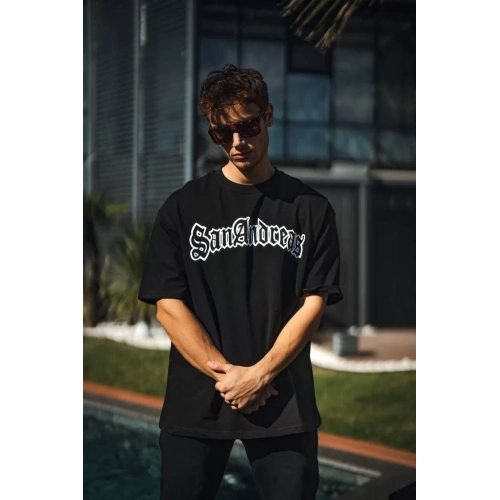 Unisex Bisiklet Yaka Baskılı Oversize T-Shirt - Siyah